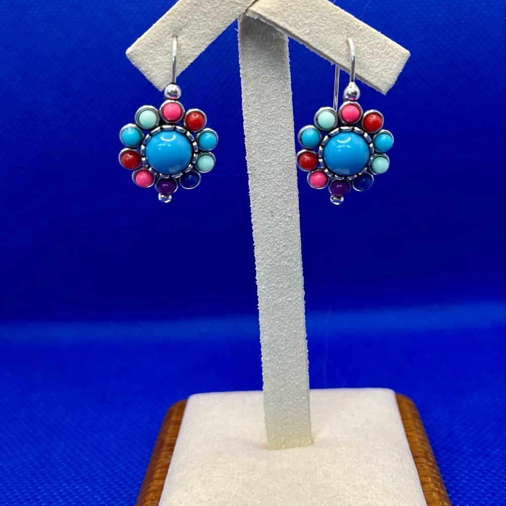 925 Silver Plated Multi Colorful Round Stone Boho Chic Earrings